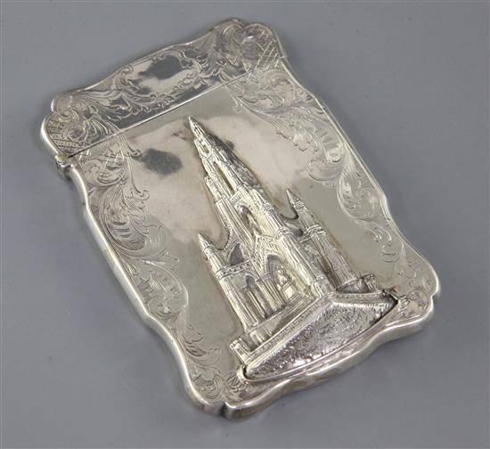 A Victorian silver castle top card case, decorated in relief with the Scott Memorial, by William & Edward Turnpenny, 9.4cm.